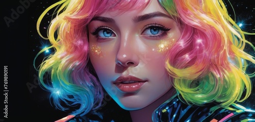   A vibrant digital painting depicts a woman with colorful locks and celestial decorations adorning her visage against a dark canvas © Viktor