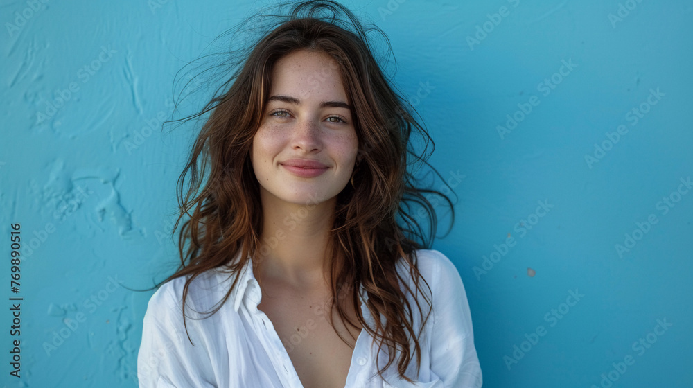 The same young woman against a backdrop of electric blue her white shirt contrasting brilliantly The same young woman against a backdrop of electric blue her white shirt contrasting brilliantly
