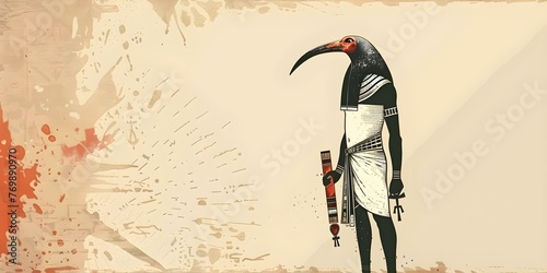Depiction of Ancient Egyptian Deity Thoth Writing on a Papyrus Scroll with an Ibis Head. Concept Ancient Egyptian Art, Deity Thoth, Papyrus Scroll, Ibis Head, Mythology Illustration photo