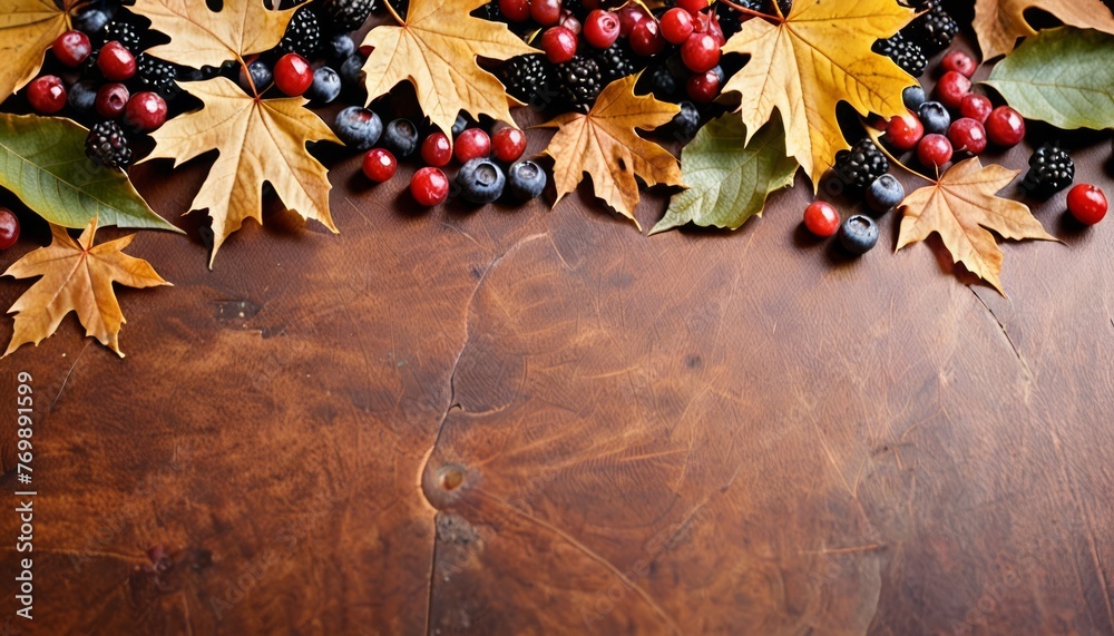 Obraz premium A table adorned with leaves and berries sits atop a wooden surface, alongside a cup brimming with a beverage