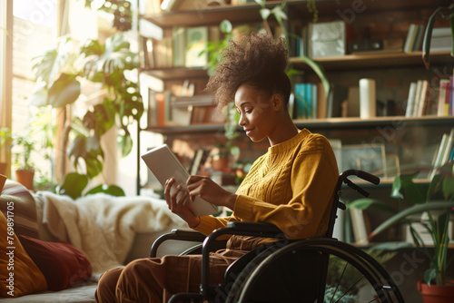 An African American woman in a wheelchair using a tablet. Disability, inclusion and technology concept. photo