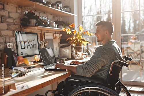  A man in a wheelchair using a laptop on a wooden table, to search for information, telework or study. Disability, inclusion and technology concept. photo