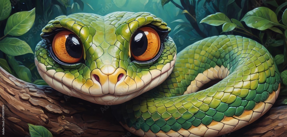 Fototapeta premium A painting portrays a vibrant green serpent perched on a tree limb surrounded by foliage, its eyes opened widely