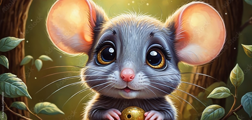  A mouse holding a golden egg amidst green leaves and a yellow background