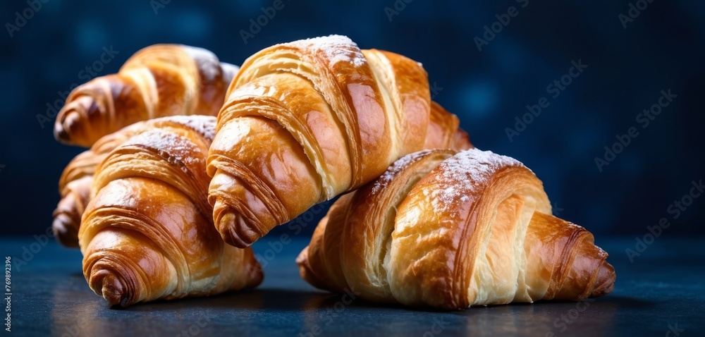   A group of croissants sits on a table, adjacent to one another