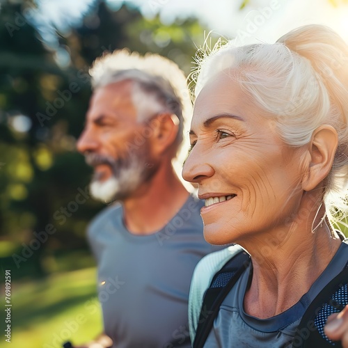 Close-up of an energetic senior couple jogging in the park, emphasizing cardio training, regular exercise, and healthy aging in a natural setting.