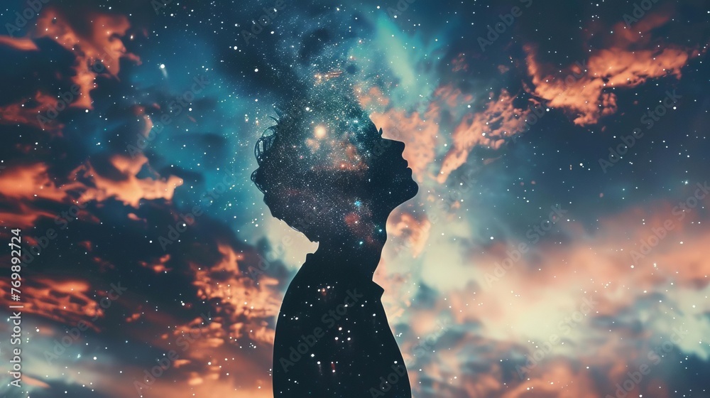 A surreal photo manipulation of a person's silhouette filled with a starry night sky - obrazy, fototapety, plakaty 