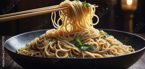  A bowl of noodles featuring a pair of chopsticks protruding from one noodle