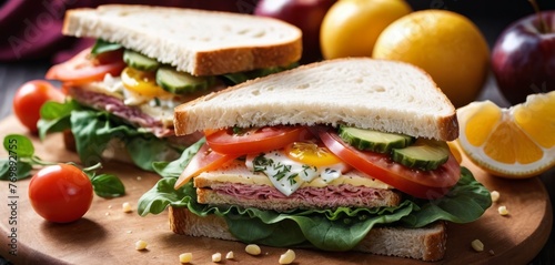   A slice of sandwich on wood board  with orange and fruit nearby