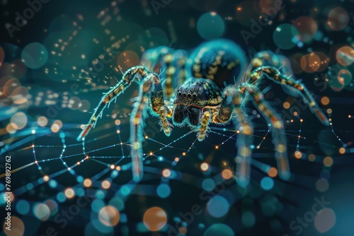Cyber microchip spider networked on a digital data spider web mesh. ai generative