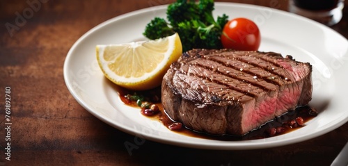  White plate with steak, broccoli, and lemon slice