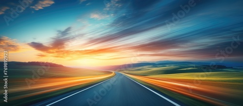 A mesmerizing natural landscape captured with a blurry picture of a road cutting through a field at sunset, with colorful clouds painting the sky