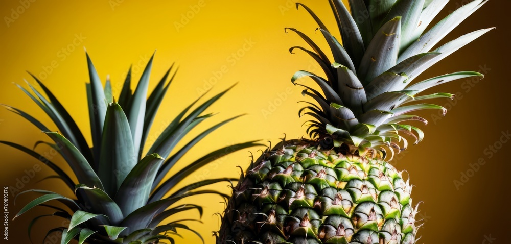 Fototapeta premium Pineapples on a wooden table with a yellow wall