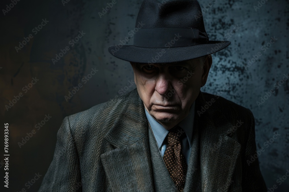 Old fashioned detective or mafia in hat on dark background. ai generative