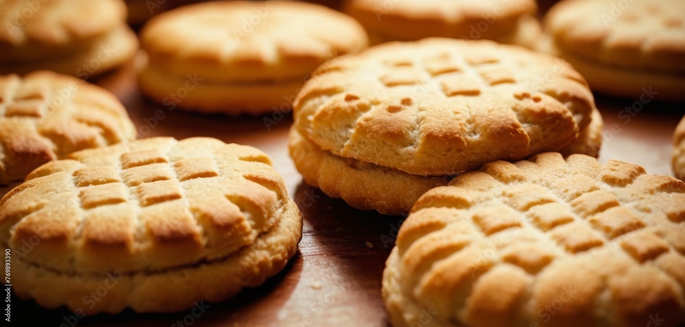   Close-up photo of several cookies on a table, with a single cookie in focus while the remaining cookies are blurred in the background