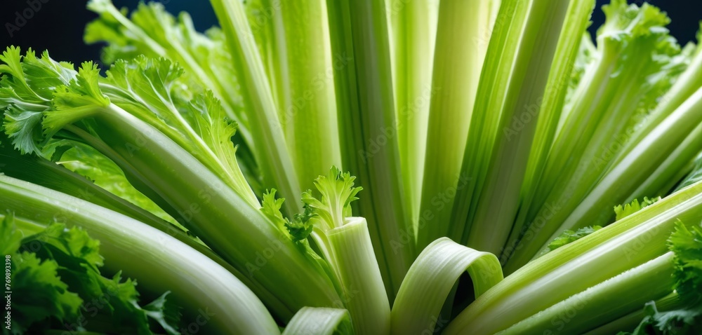 Obraz premium Close-up photo of green lettuce on black background with blurry middle