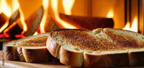  Two slices of bread resting on a cutting board in front of a roaring fireplace
