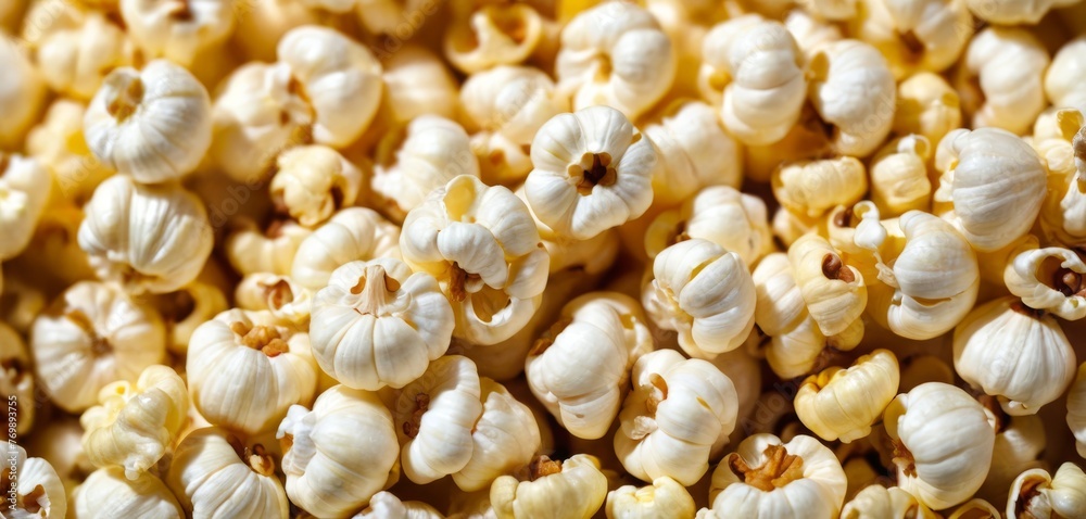 Close-up of white surface with popped popcorn kernels and a brown top on one Close-up of white surface with popped popcorn kernels and a brown top on one