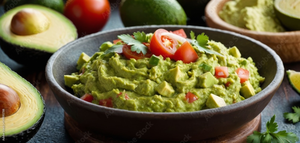   Guacamole bowl with avocado, lime, and chopped tomatoes in the backdrop