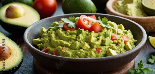   Guacamole bowl with avocado, lime, and chopped tomatoes in the backdrop