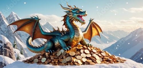   A dragon figurine atop coins atop gold coins photo