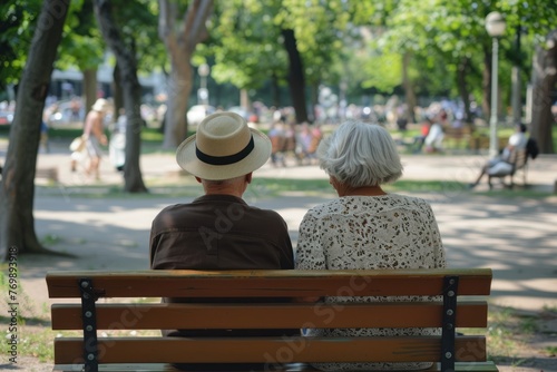Back view of senior couple sitting on a bench in an summer park. ai generative