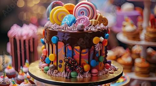 3rd birthday party cake 3jpg wallpaper download, in the style of hyperrealistic rendering, bokeh panorama, contemporary candy-coated, brown, vibrant colours, absurdist installations, dotted