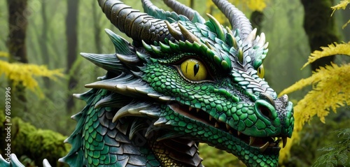   A majestic green dragon statue graces the heart of a verdant forest  surrounded by towering yellow-green foliage