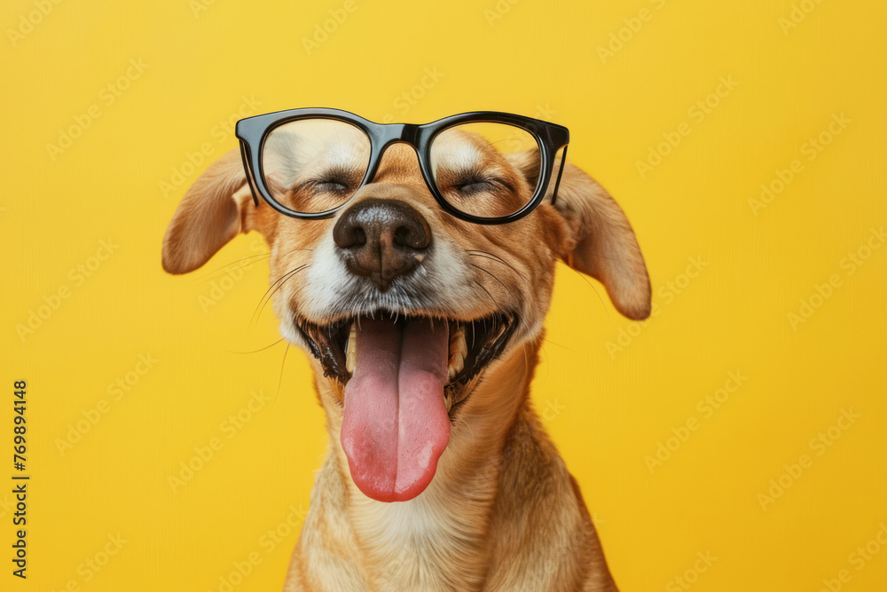 Close up portrait wide angle fanny dog wearing glasses isolated on solid color background. ai generative