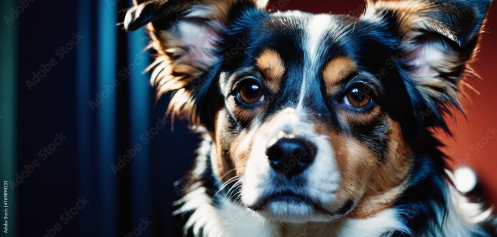 A dog's face in close-up against a red backdrop with blue curtains A dog's face in close-up against a red backdrop with blue curtains
