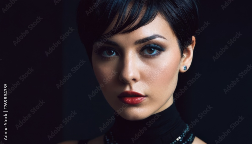 Fototapeta premium A woman wears a choker with pearls on a black dress and a necklace