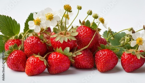  A cluster of strawberries arranged on a white background with flowers and foliage overhead