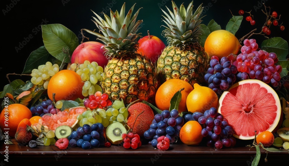   A close-up photo of diverse fruit including pineapples, oranges, grapes, and watermelon