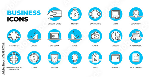 Business icons pack, set of circle vector icons: credit card, exchange, ATM, cash, wallet and sale, money transfer and cashdesk. Lineart minimal design. photo