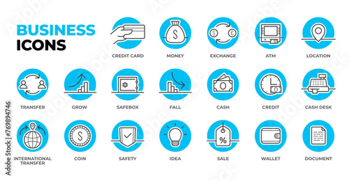 Business icons pack, set of circle vector icons: credit card, exchange, ATM, cash, wallet and sale, money transfer and cashdesk. Lineart minimal design.