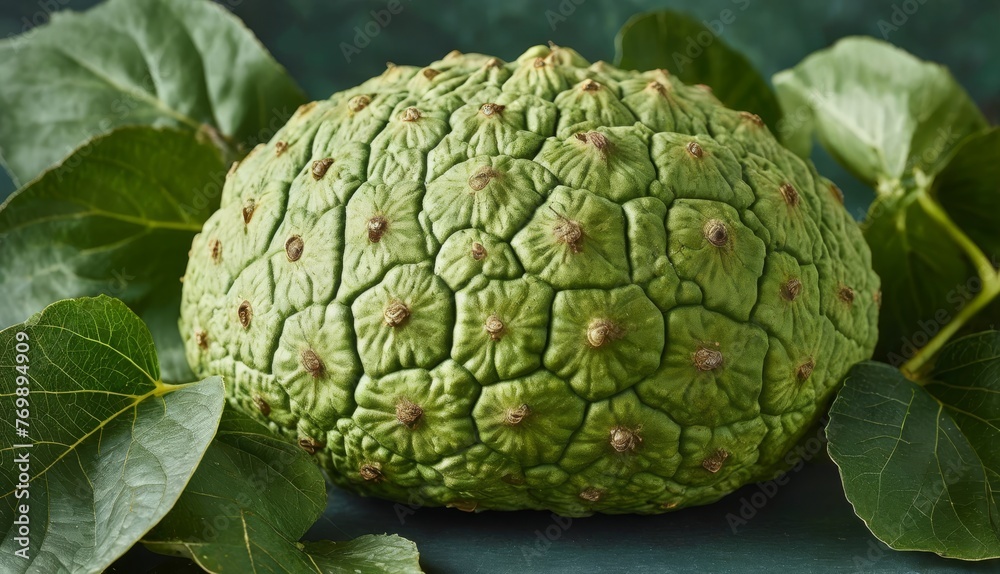 Fototapeta premium A green fruit rests atop a green leaf-covered ground adjacent to a leafy green plant with brown spots