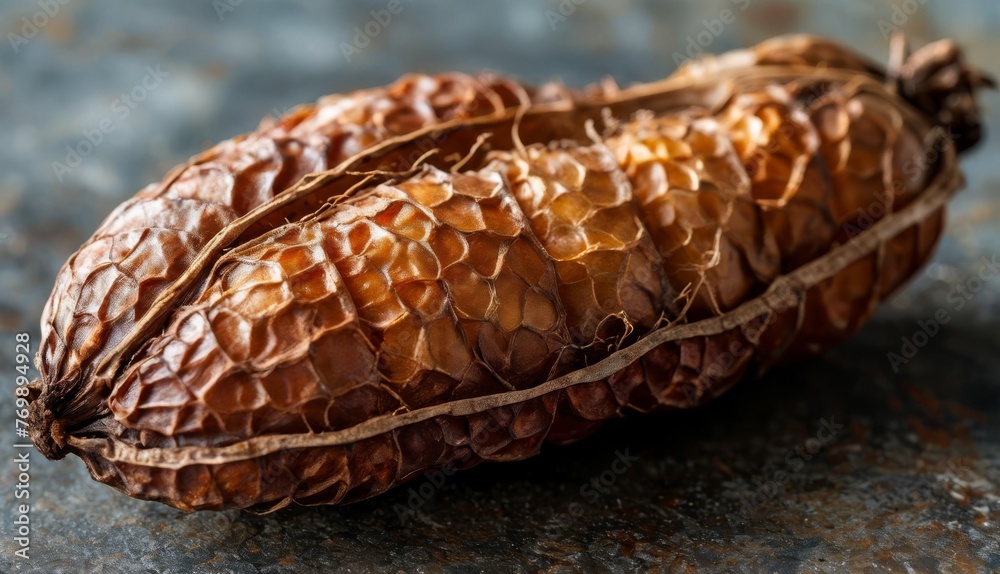 Obraz premium A sharp photo of a single pine cone resting atop a dark table