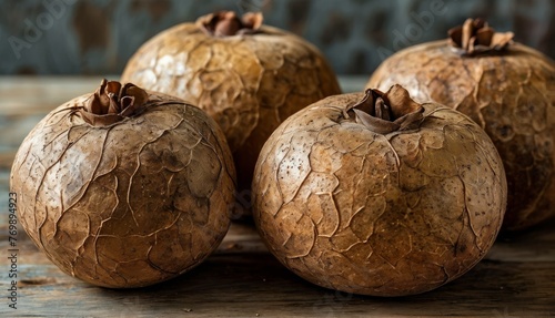   Three brown fruits rest on a wooden table near a metal container with brown substance