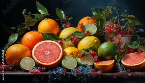   A close-up of a selection of fruit including oranges, lemons, limes, and cranberries © Viktor