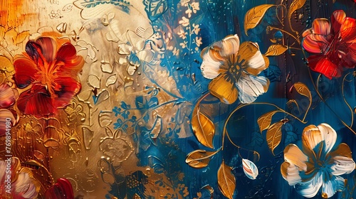 Abstract oil painting with flowers, leaves and luminous golden texture, modern art print photo