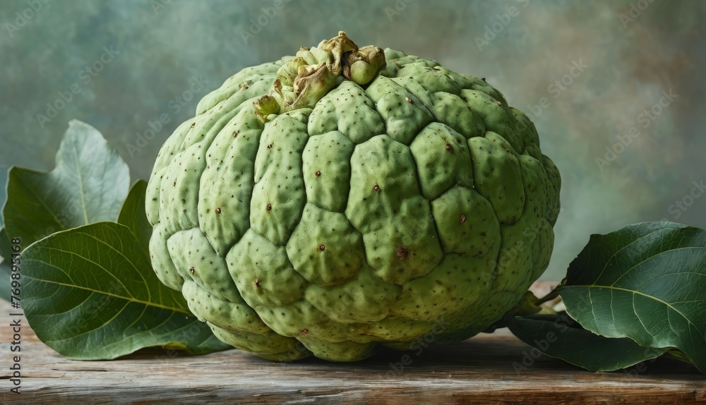 Fototapeta premium A green artichoke on a wooden table surrounded by leaves against a green wall background