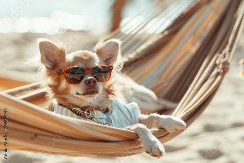 adorable dog in sunglasses and shirt, lies on a fabric hammock on blured beach. ai generative © Igor