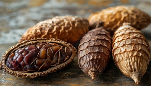  A close-up of a group of nuts on a table, with one nut at each end