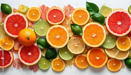  Oranges, limes, and grapefruits cut in half on a white surface with leaves