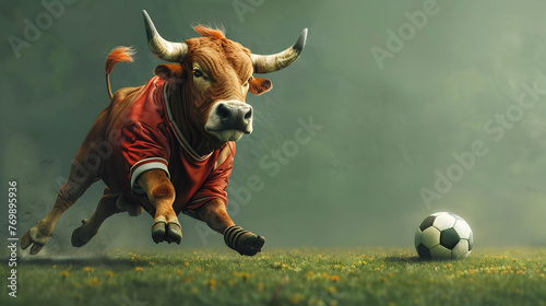 Surreal of a Bull Soccer Player on Lush Green Pitch with Studio Lighting photo