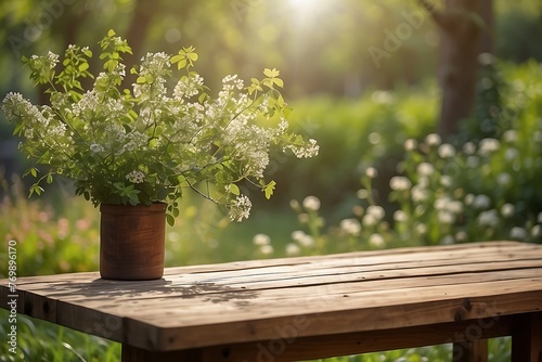 White flowers in a pot on a wooden table in the garden. Minimal abstract background for product presentation. Spring and summer.