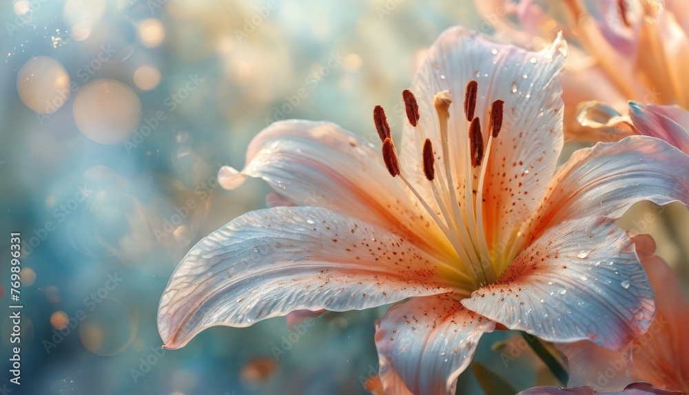   A white and orange flower with water droplets on its petals against a fuzzy background