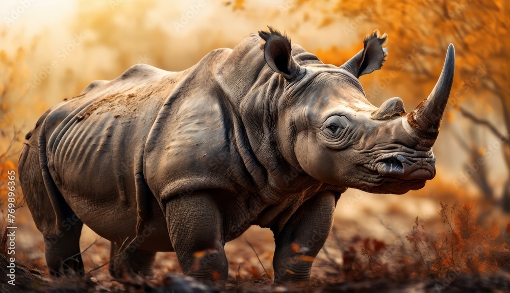 Fototapeta premium Rhino in forest with trees behind and sunbeam in front