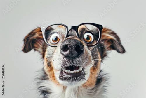 Shocked cute dog in glasses with surprised eyes, concept of Suspicious and Curiosity. ai generative © Igor