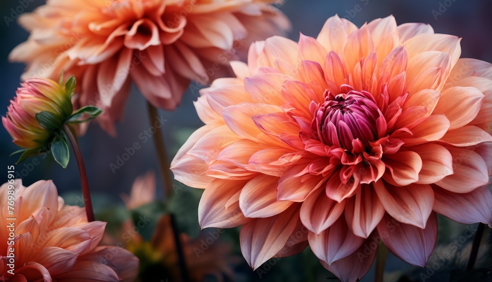 Close-up of several flowers with a prominent large flower centrally positioned and a smaller flower at the center of the image Close-up of several flowers with a prominent large flower centrally positioned and a smaller flower at the center of the image